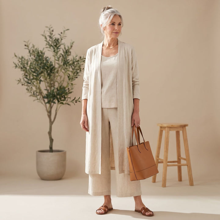 Women's Linen Blend Relaxed Cardigan Tank Top Wide-Leg Pants Two Piece Set - Khaki