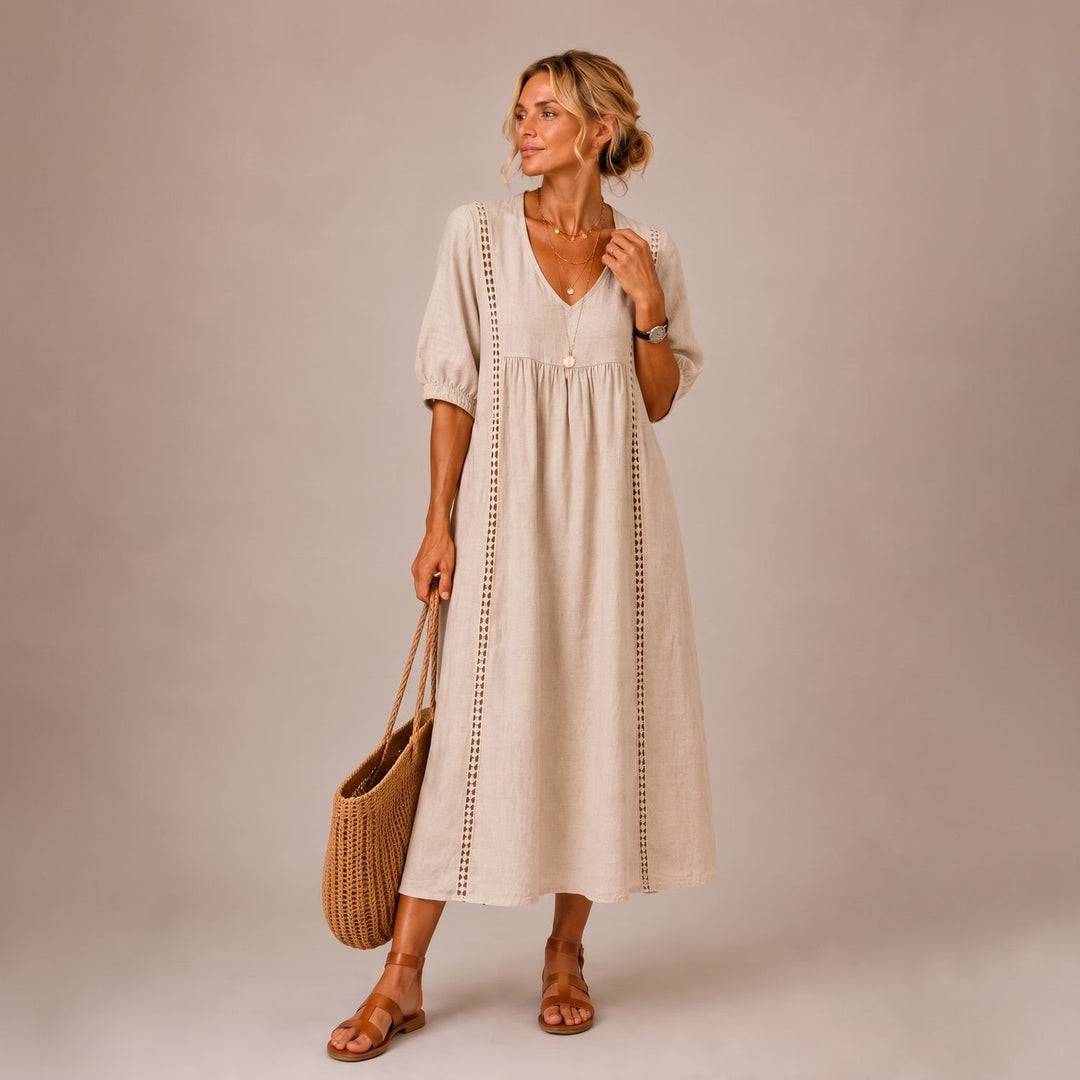 Women's Linen-Look Puff Sleeve V-Neck Midi Maxi Dress Pockets - Beige
