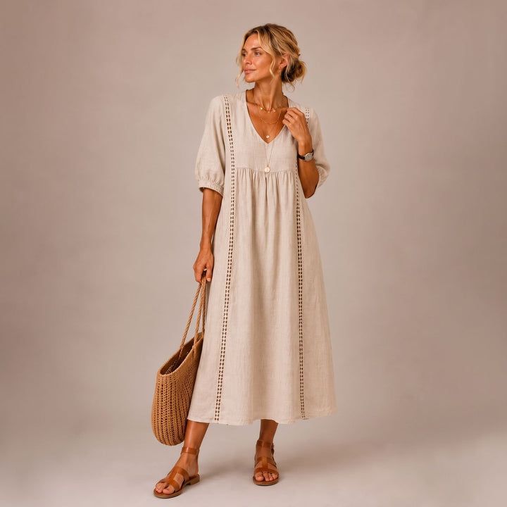 Women's Linen-Look Puff Sleeve V-Neck Midi Maxi Dress Pockets - Beige