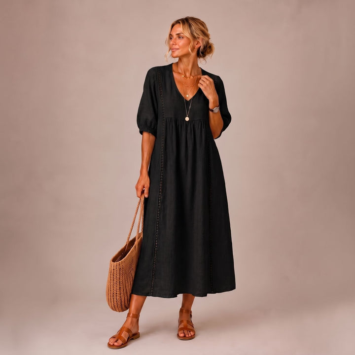Women's Linen-Look Puff Sleeve V-Neck Midi Maxi Dress Pockets - Black