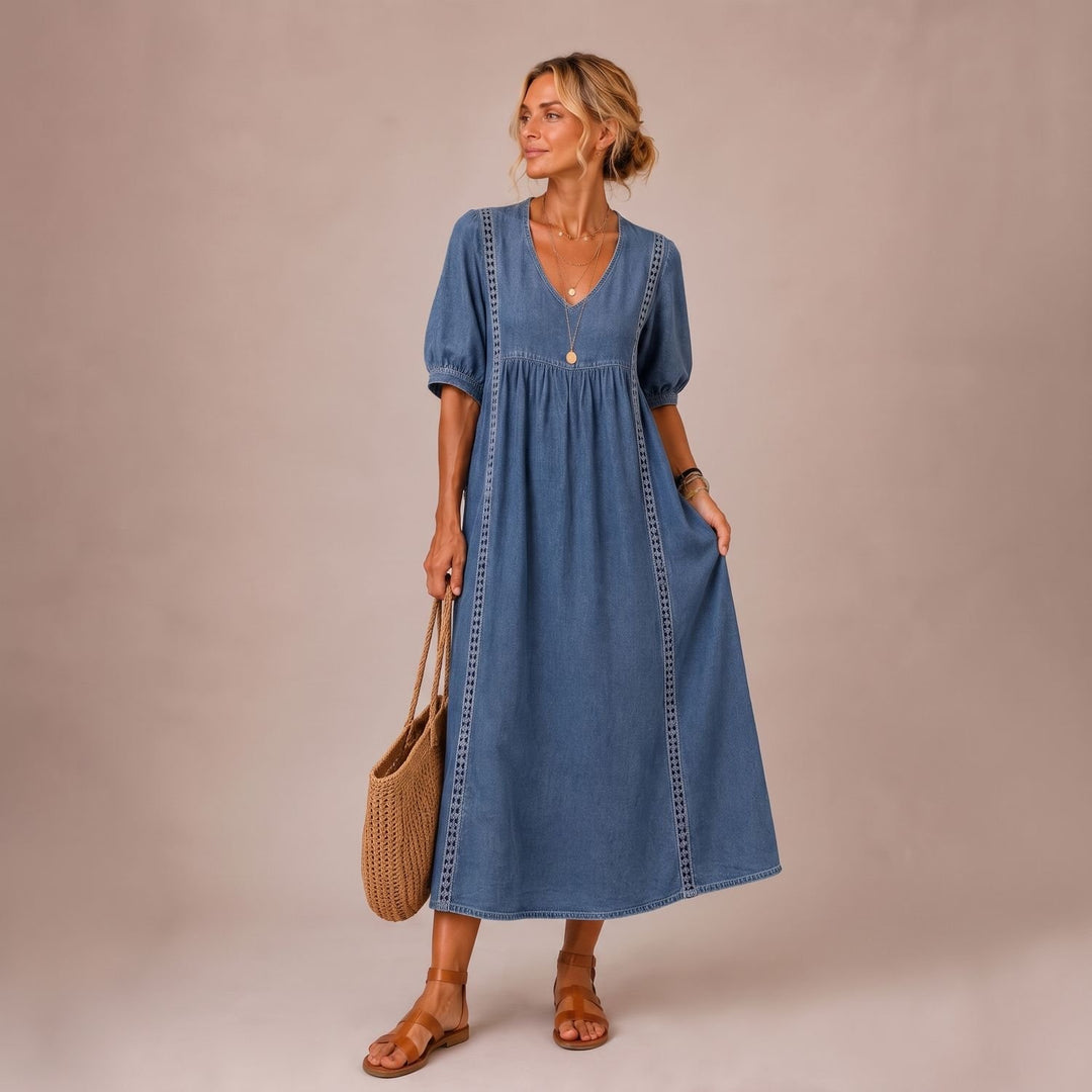 Women's Linen-Look Puff Sleeve V-Neck Midi Maxi Dress Pockets - Navy