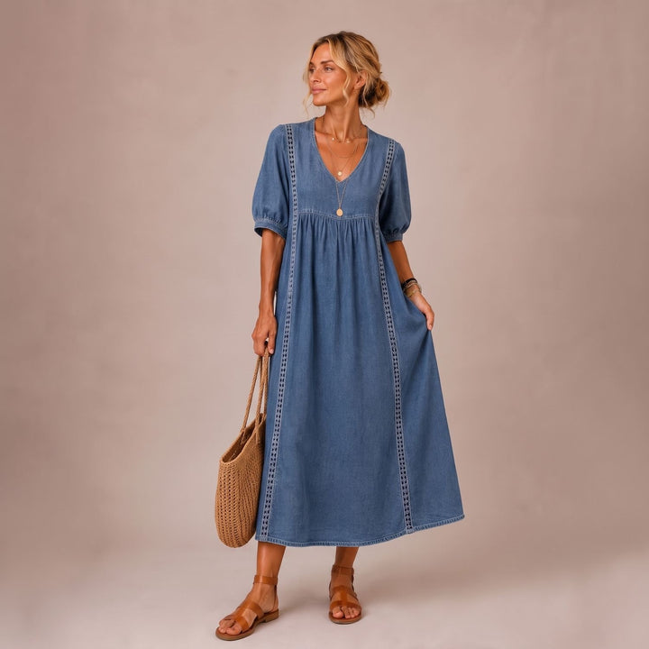 Women's Linen-Look Puff Sleeve V-Neck Midi Maxi Dress Pockets - Navy