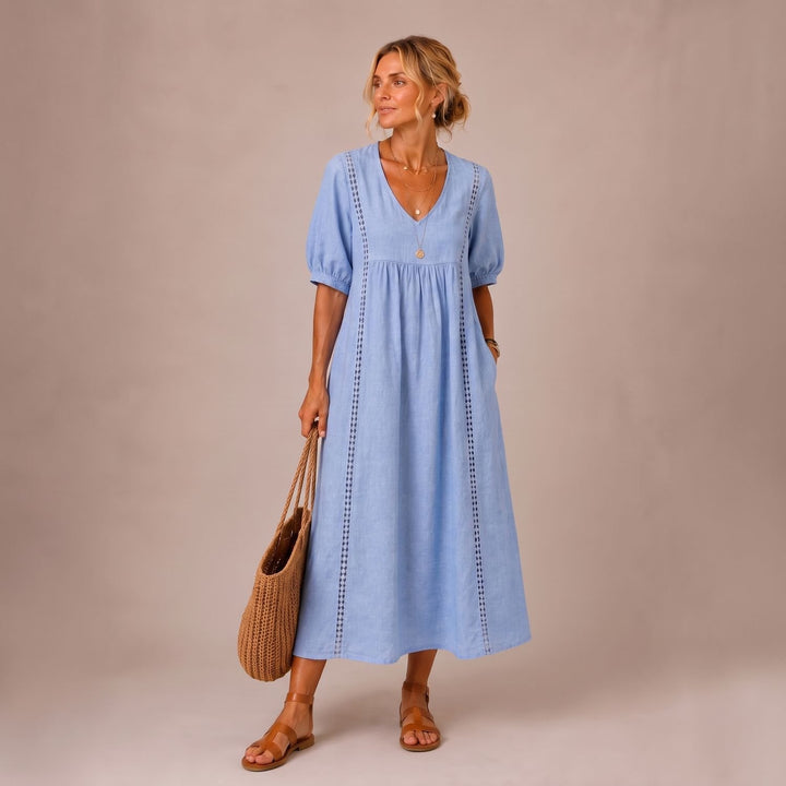Women's Linen-Look Puff Sleeve V-Neck Midi Maxi Dress Pockets - Light Blue