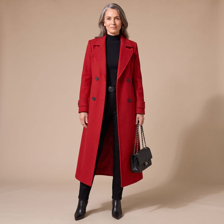 Women's Long Double-Breasted Wool Coat Camel Overcoat - Red