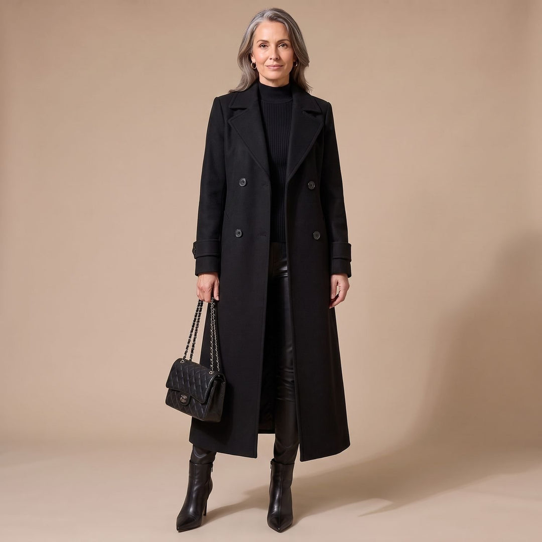 Women's Long Double-Breasted Wool Coat Camel Overcoat - Black