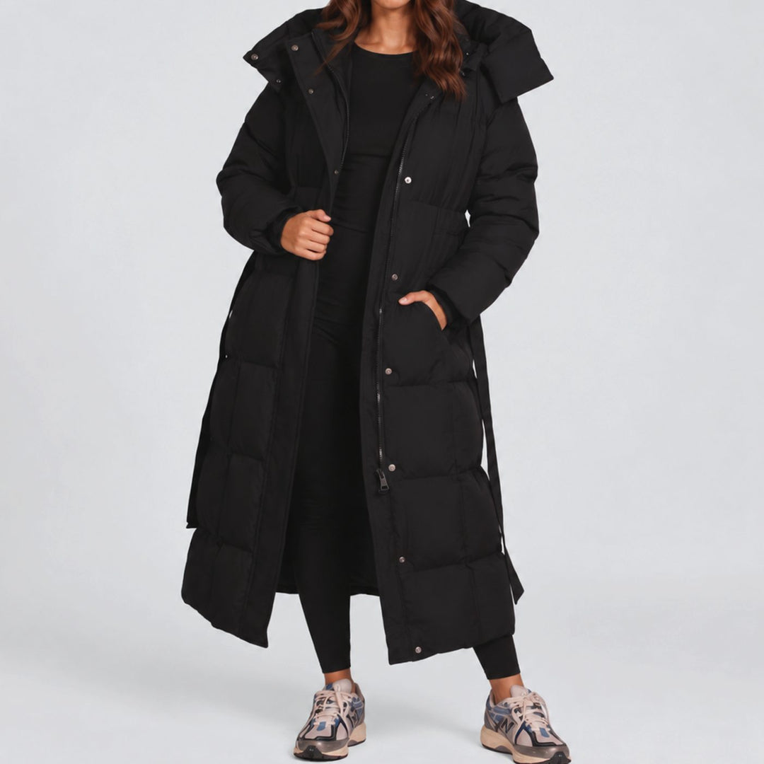 Women's Long Hooded Belted Puffer Coat - Black