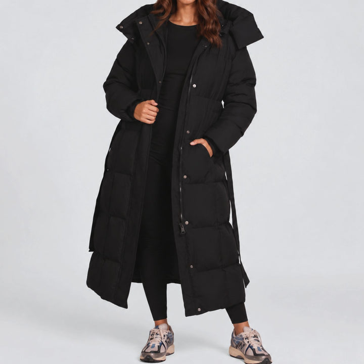 Women's Long Hooded Belted Puffer Coat - Black