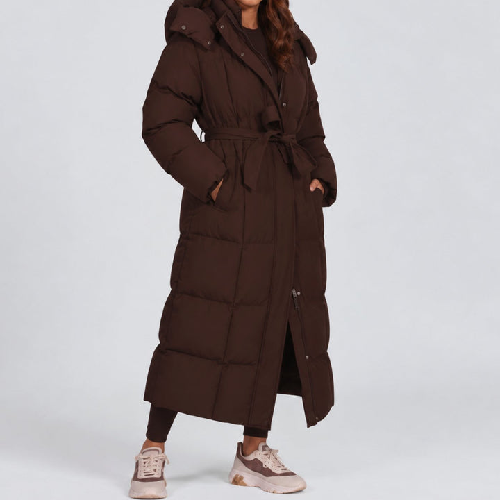 Women's Long Hooded Belted Puffer Coat - Brown