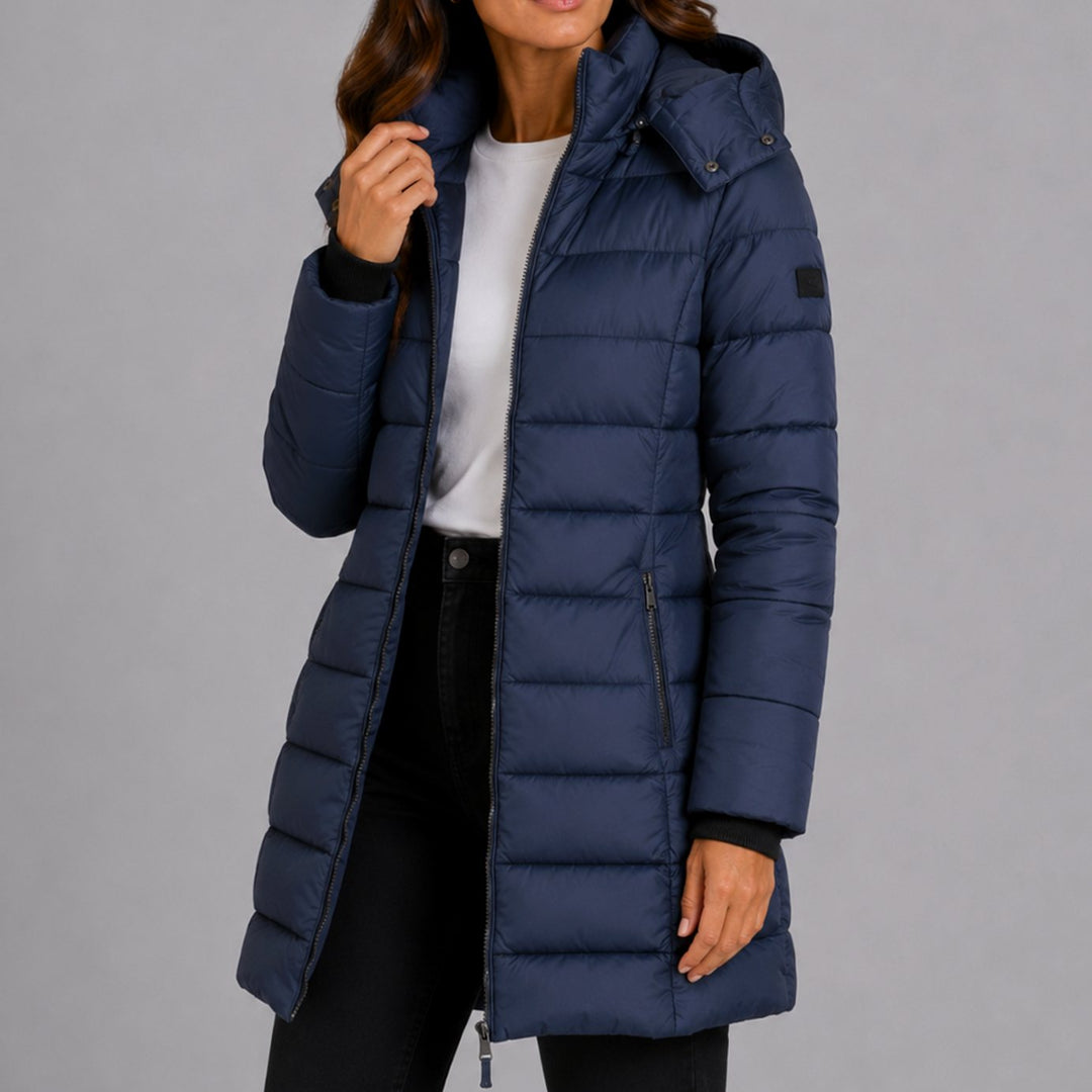 Women's Long Hooded Puffer Jacket Insulated Longline Winter Coat - Navy