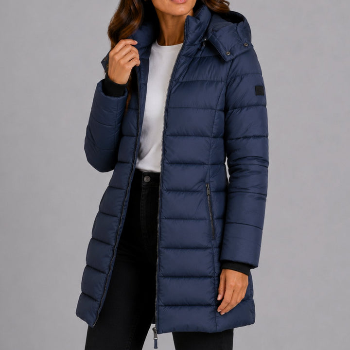 Women's Long Hooded Puffer Jacket Insulated Longline Winter Coat - Navy