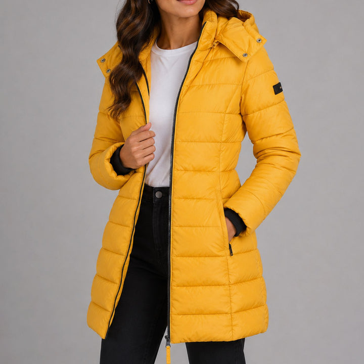 Women's Long Hooded Puffer Jacket Insulated Longline Winter Coat - Yellow