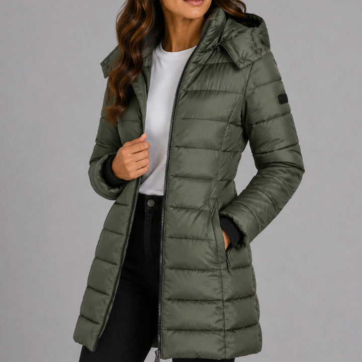 Women's Long Hooded Puffer Jacket Insulated Longline Winter Coat - Green