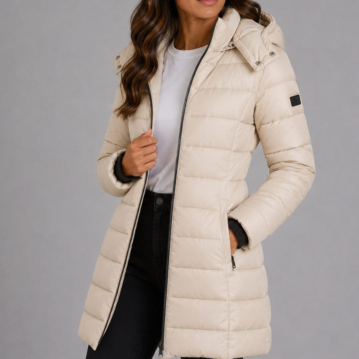 Women's Long Hooded Puffer Jacket Insulated Longline Winter Coat - Beige