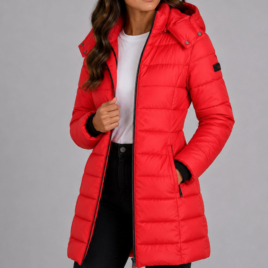 Women's Long Hooded Puffer Jacket Insulated Longline Winter Coat - Red
