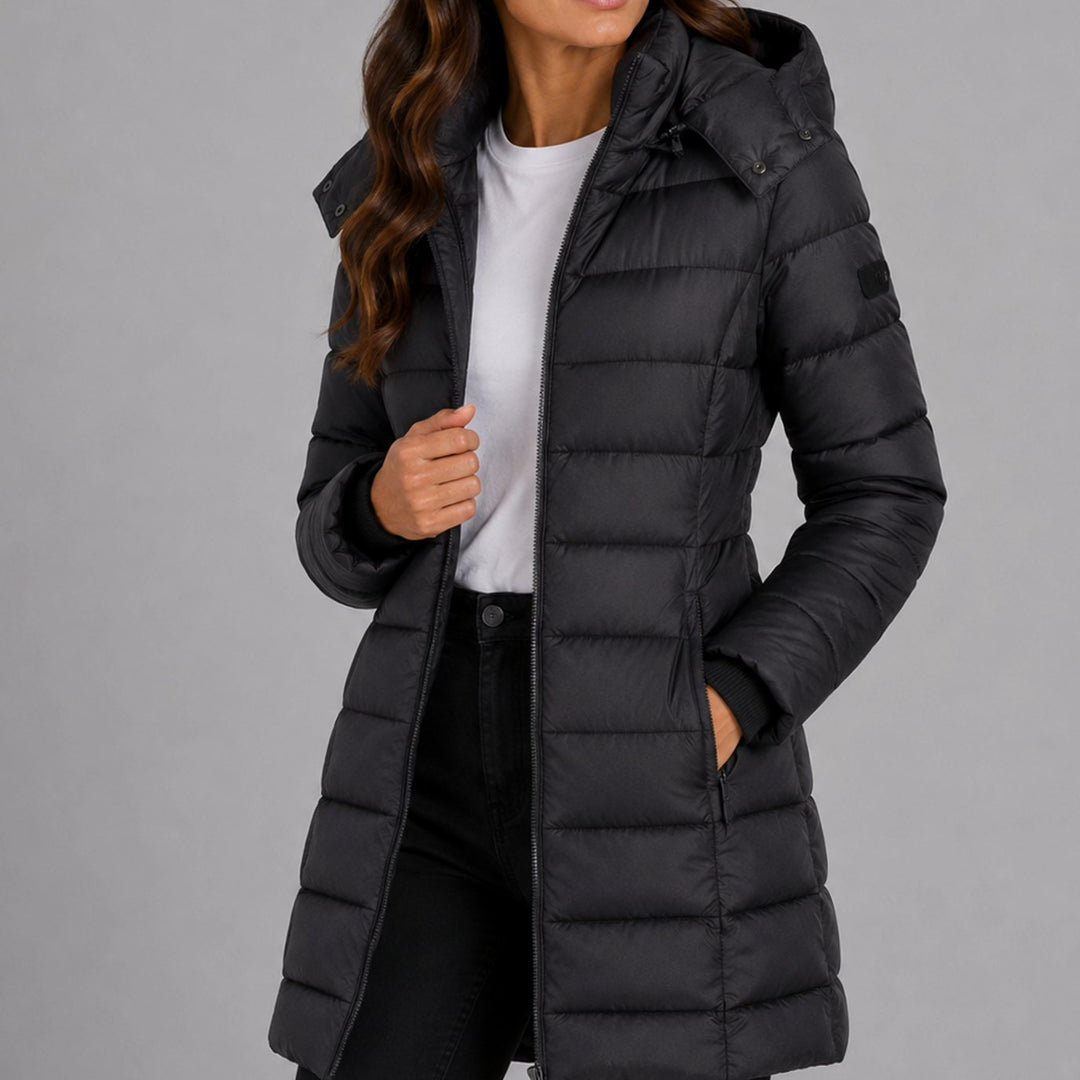 Women's Long Hooded Puffer Jacket Insulated Longline Winter Coat - Black