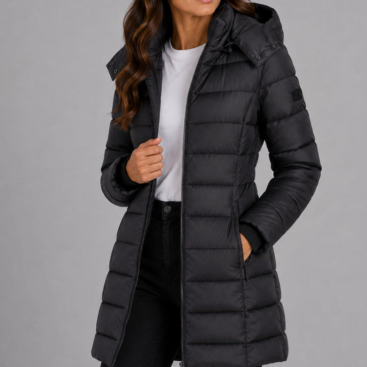 Women's Long Hooded Puffer Jacket Insulated Longline Winter Coat - Black