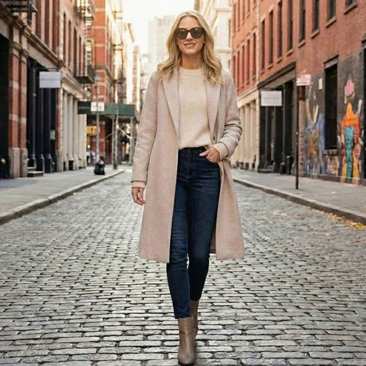 Women's Long Open-Front Notch-Lapel Wool-Blend Coat