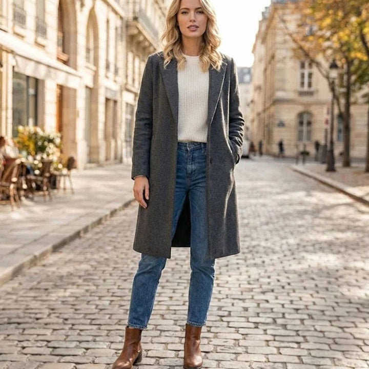 Women's Long Open-Front Notch-Lapel Wool-Blend Coat