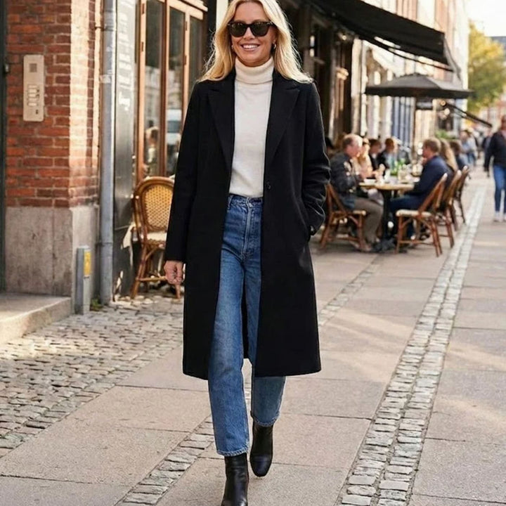 Women's Long Open-Front Notch-Lapel Wool-Blend Coat