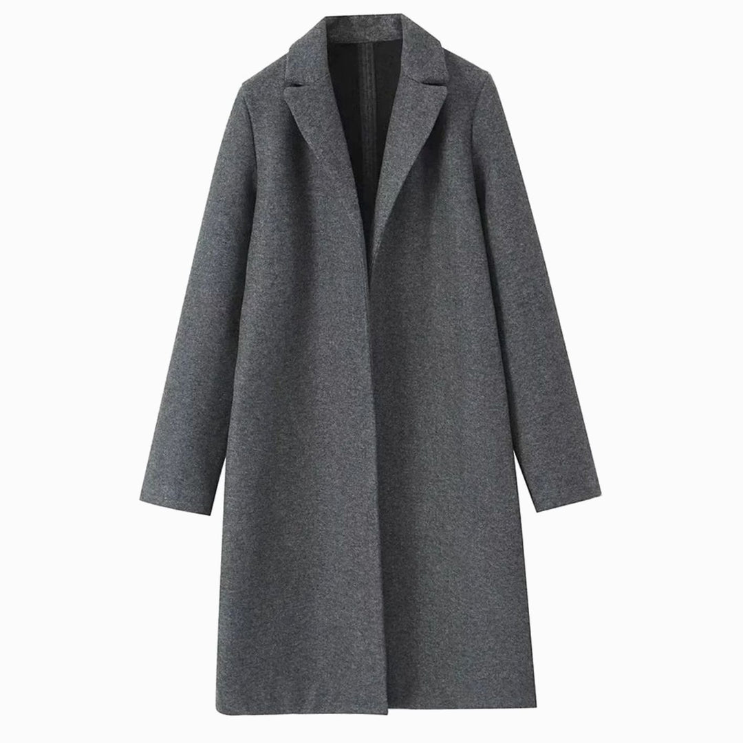 Women's Long Open-Front Notch-Lapel Wool-Blend Coat - Grey
