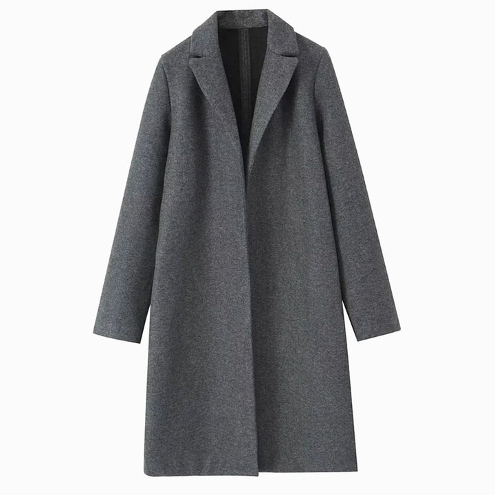 Women's Long Open-Front Notch-Lapel Wool-Blend Coat - Grey