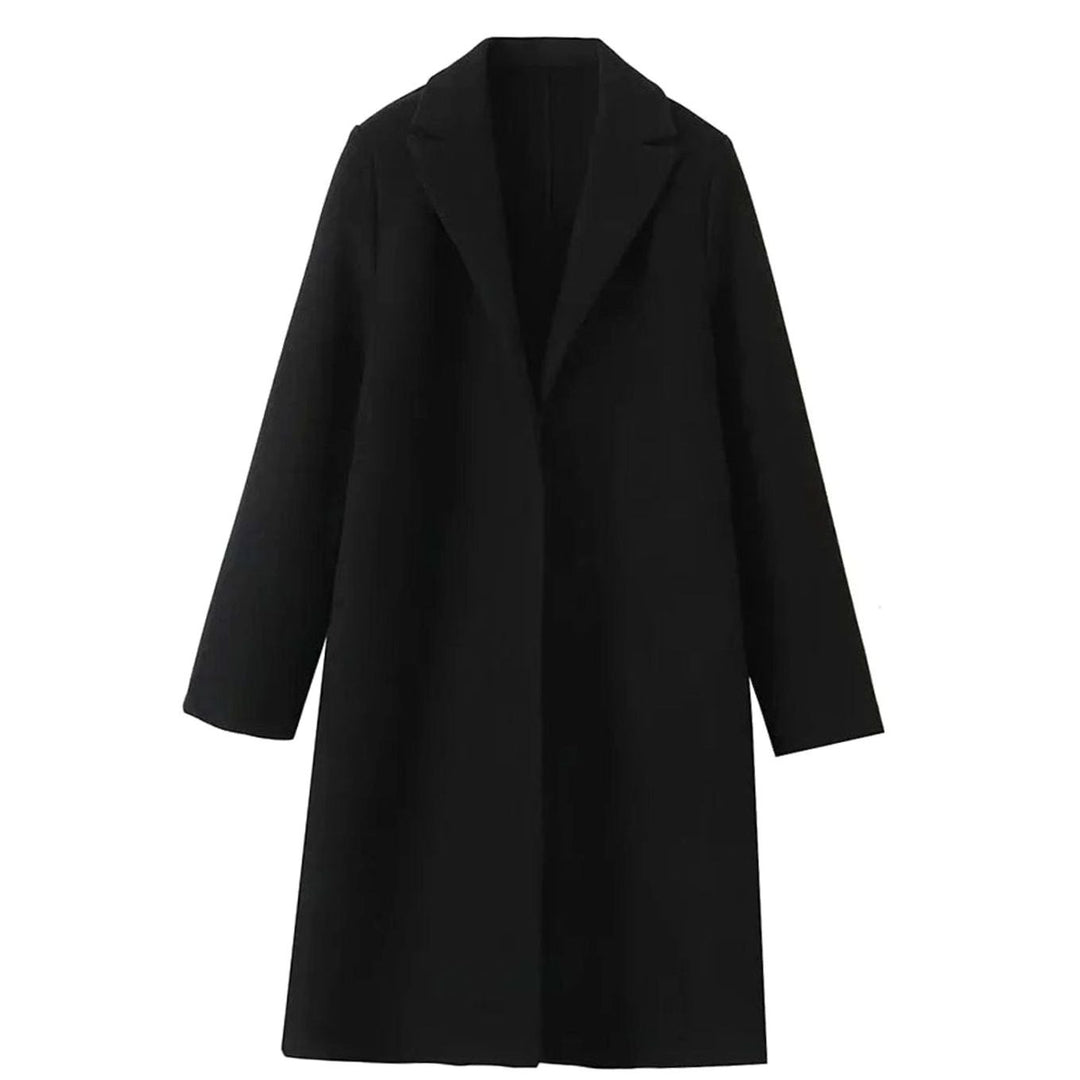Women's Long Open-Front Notch-Lapel Wool-Blend Coat - Black