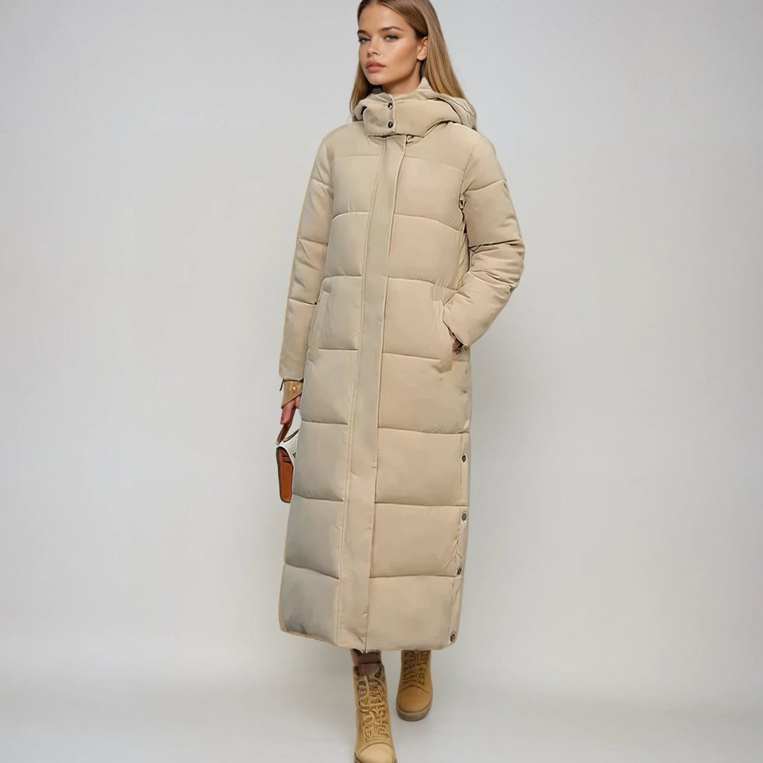 Women's Long Quilted Hooded Puffer Jacket - Beige