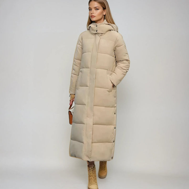 Women's Long Quilted Hooded Puffer Jacket - Beige