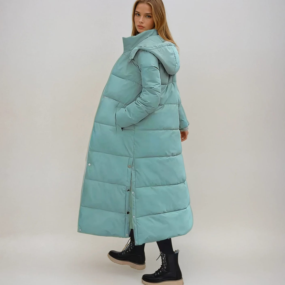 Women's Long Quilted Hooded Puffer Jacket - Turquoise