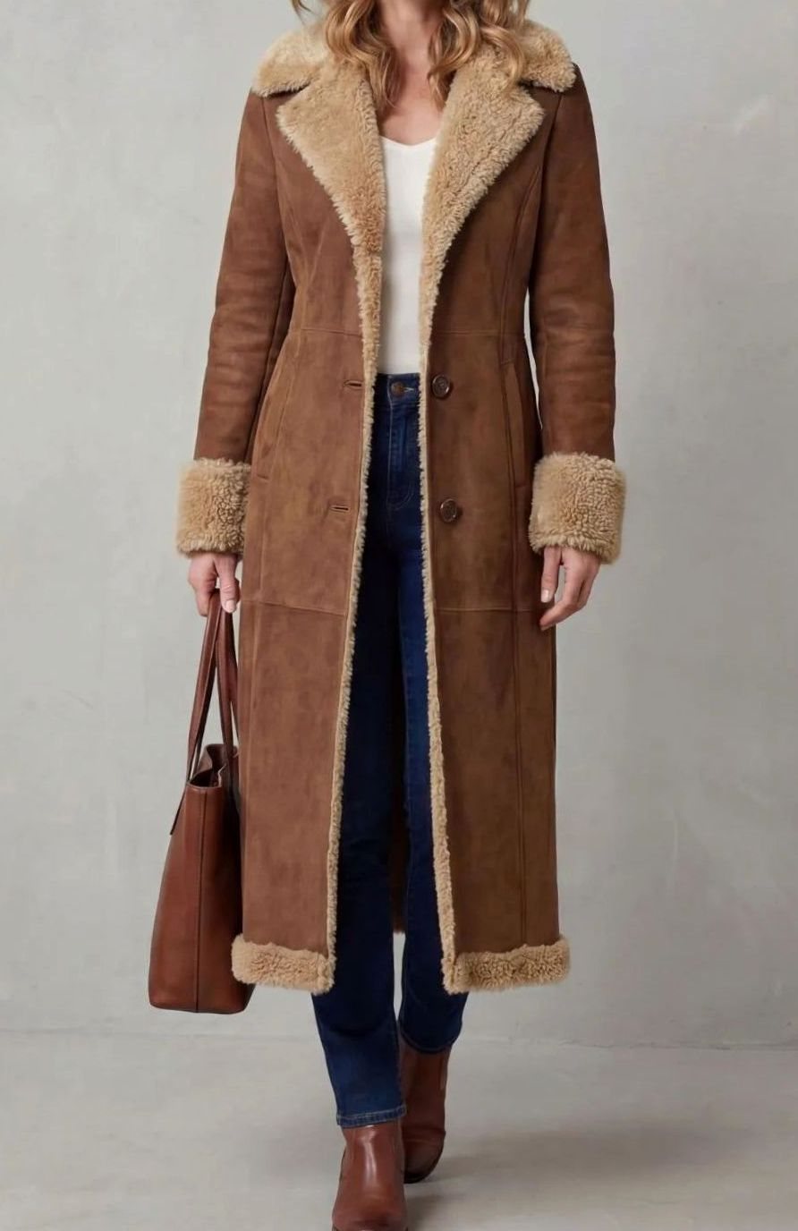 Women's Long Shearling-Lined Button-Front Winter Coat - Brown