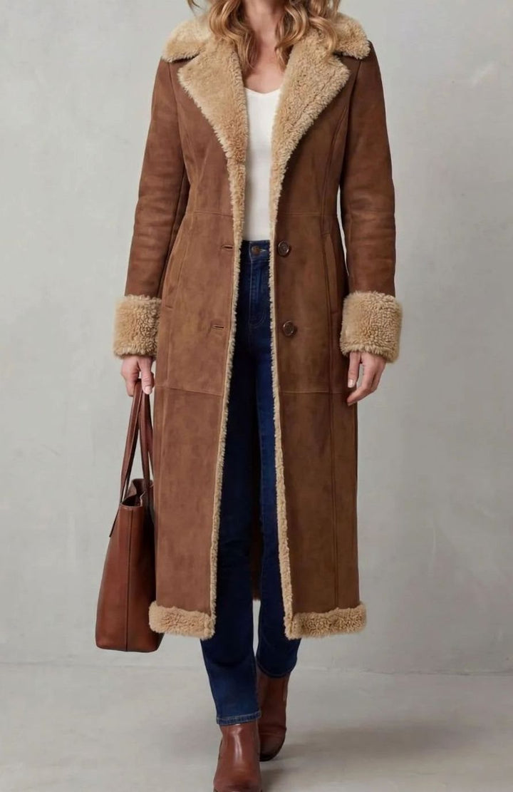 Women's Long Shearling-Lined Button-Front Winter Coat - Brown