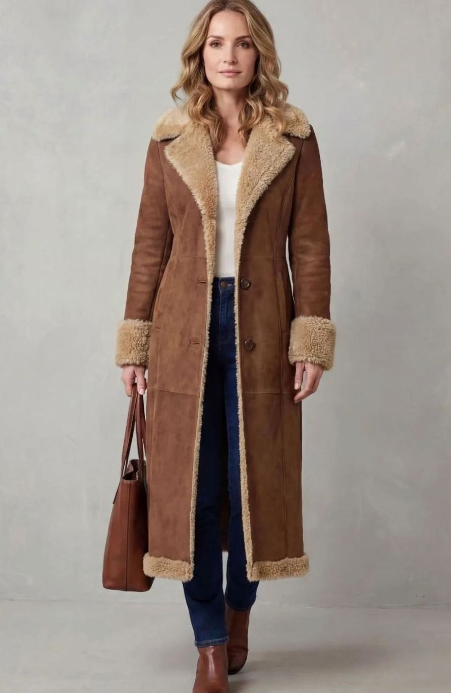 Women's Long Shearling-Lined Button-Front Winter Coat