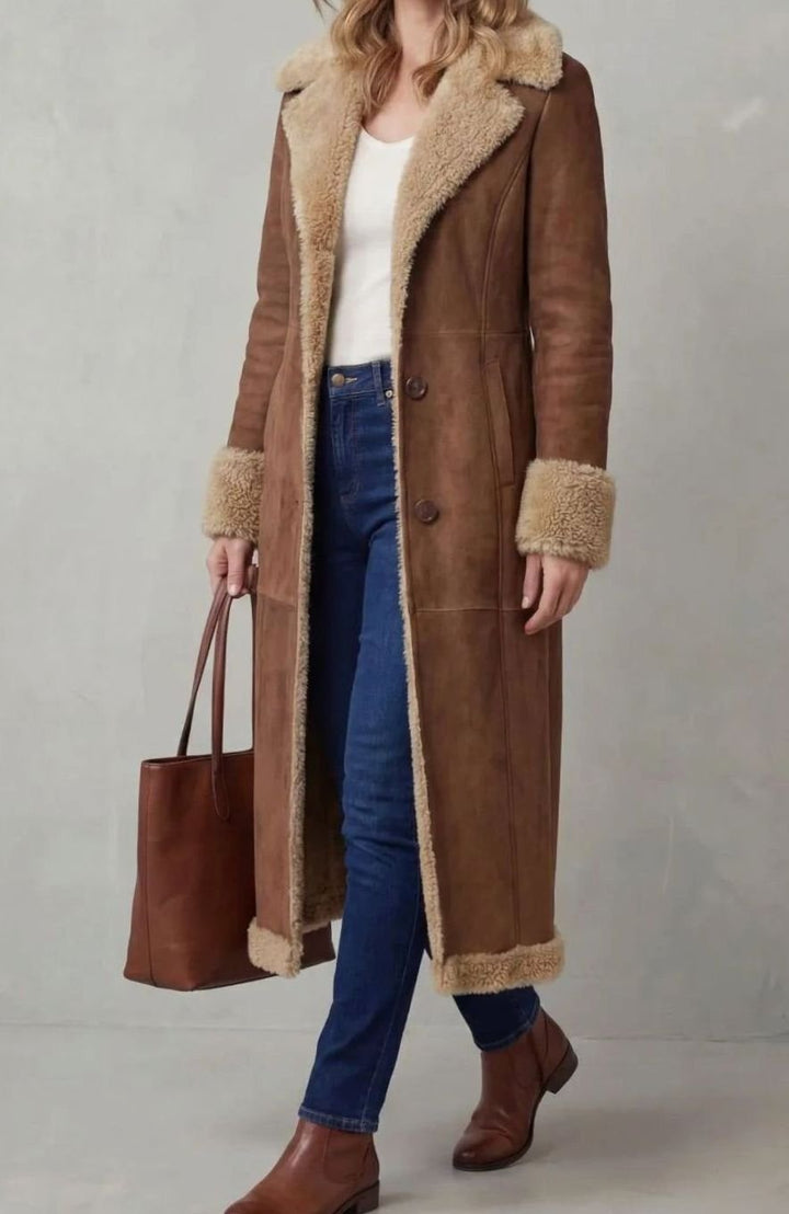 Women's Long Shearling-Lined Button-Front Winter Coat