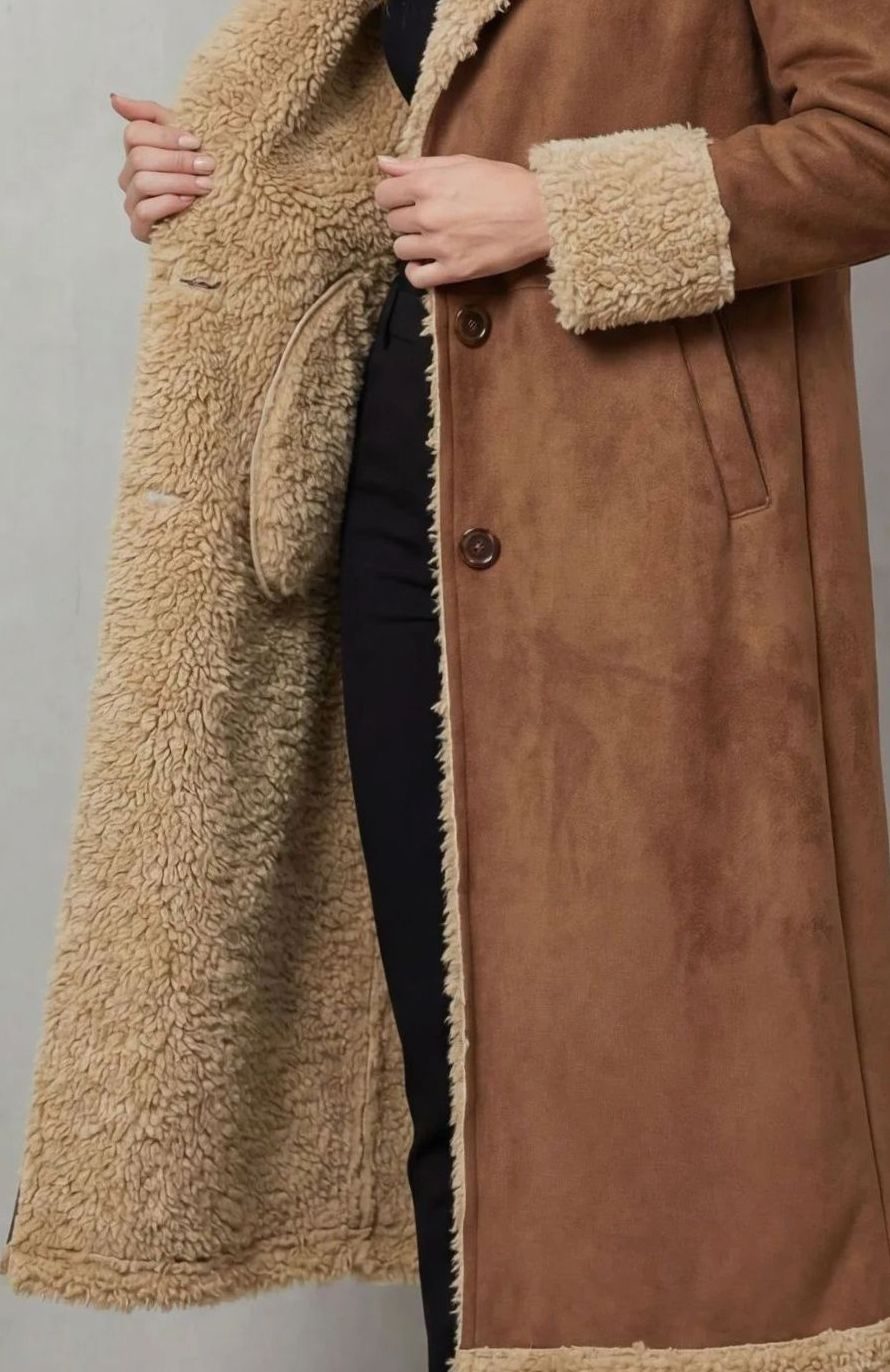 Women's Long Shearling-Lined Button-Front Winter Coat