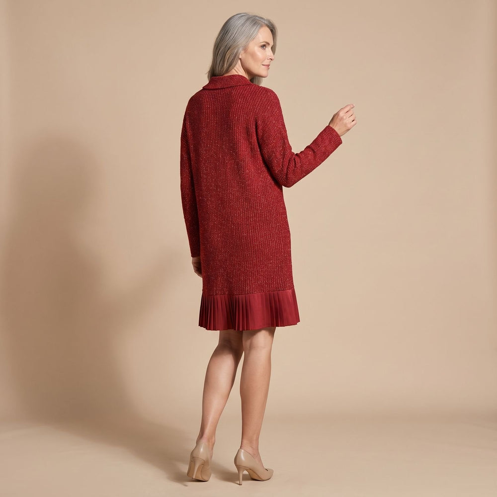 Women's Long-Sleeve Collared Pleated-Hem Knit Sweater Dress