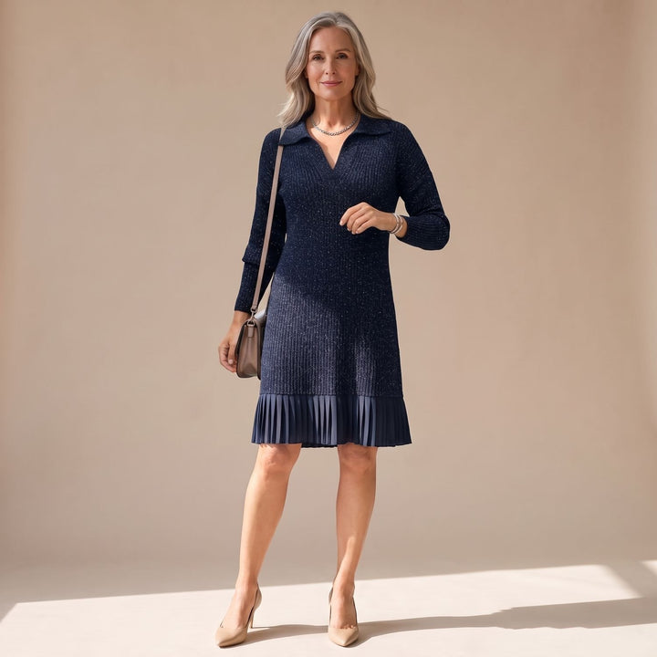 Women's Long-Sleeve Collared Pleated-Hem Knit Sweater Dress - Navy Blue