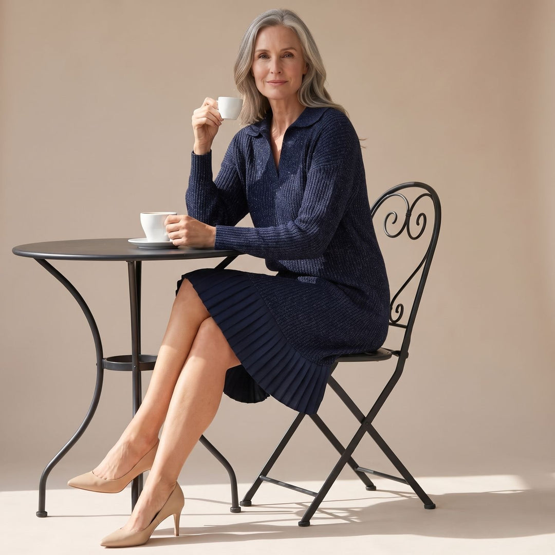Women's Long-Sleeve Collared Pleated-Hem Knit Sweater Dress