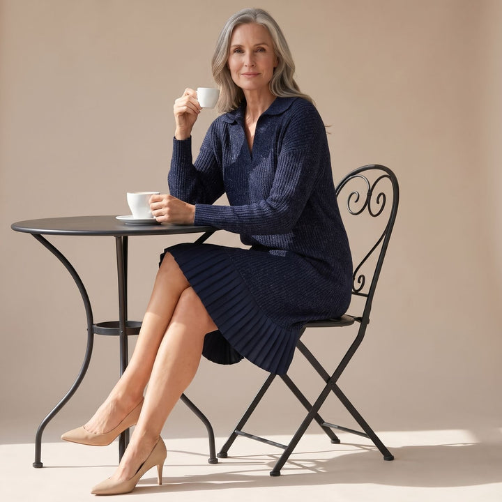 Women's Long-Sleeve Collared Pleated-Hem Knit Sweater Dress