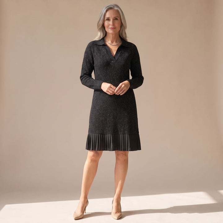 Women's Long-Sleeve Collared Pleated-Hem Knit Sweater Dress - Black