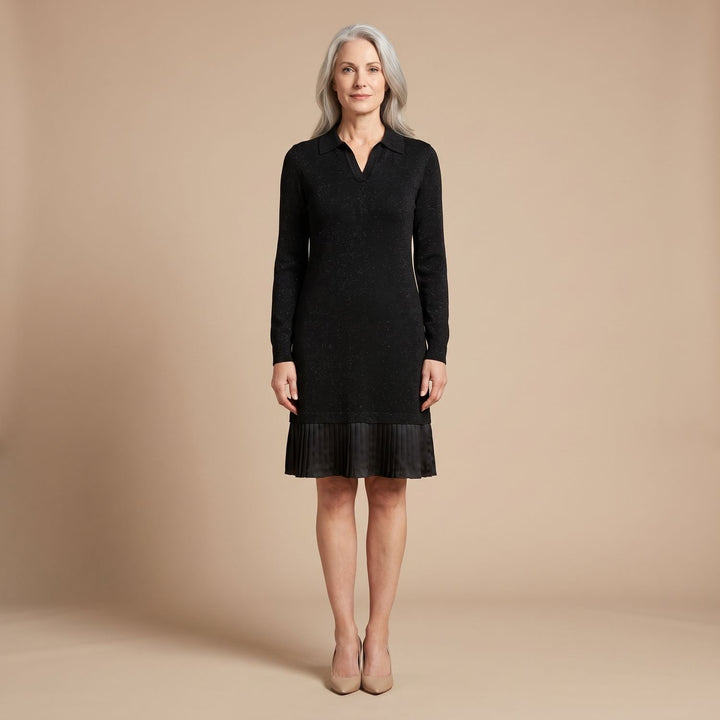 Women's Long-Sleeve Collared Pleated-Hem Knit Sweater Dress