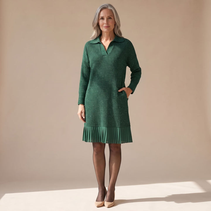 Women's Long-Sleeve Collared Pleated-Hem Knit Sweater Dress - Green