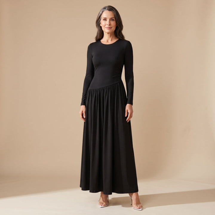 Women's Long Sleeve Gathered Waist Flared Maxi Dress - Black