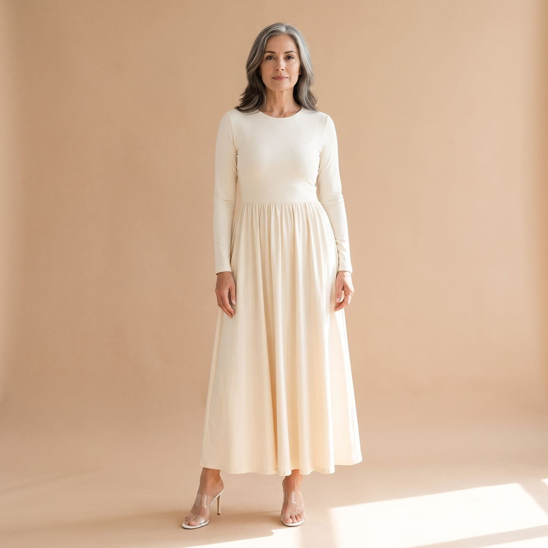 Women's Long Sleeve Gathered Waist Flared Maxi Dress - Cream