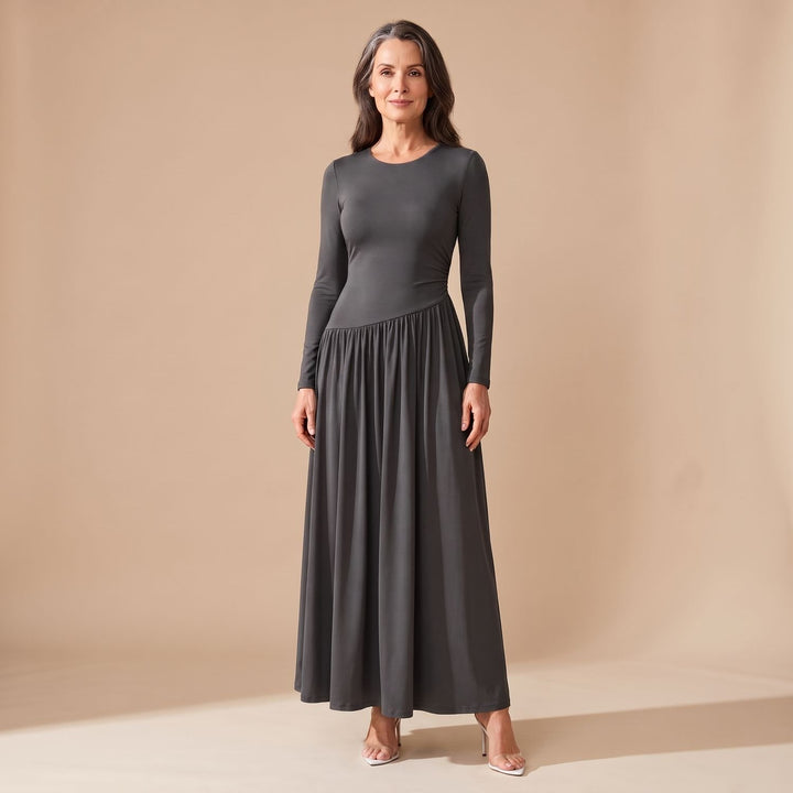 Women's Long Sleeve Gathered Waist Flared Maxi Dress - Gray