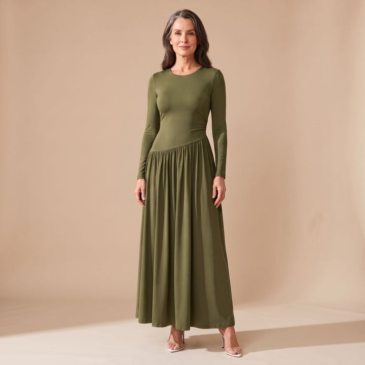 Women's Long Sleeve Gathered Waist Flared Maxi Dress - Olive