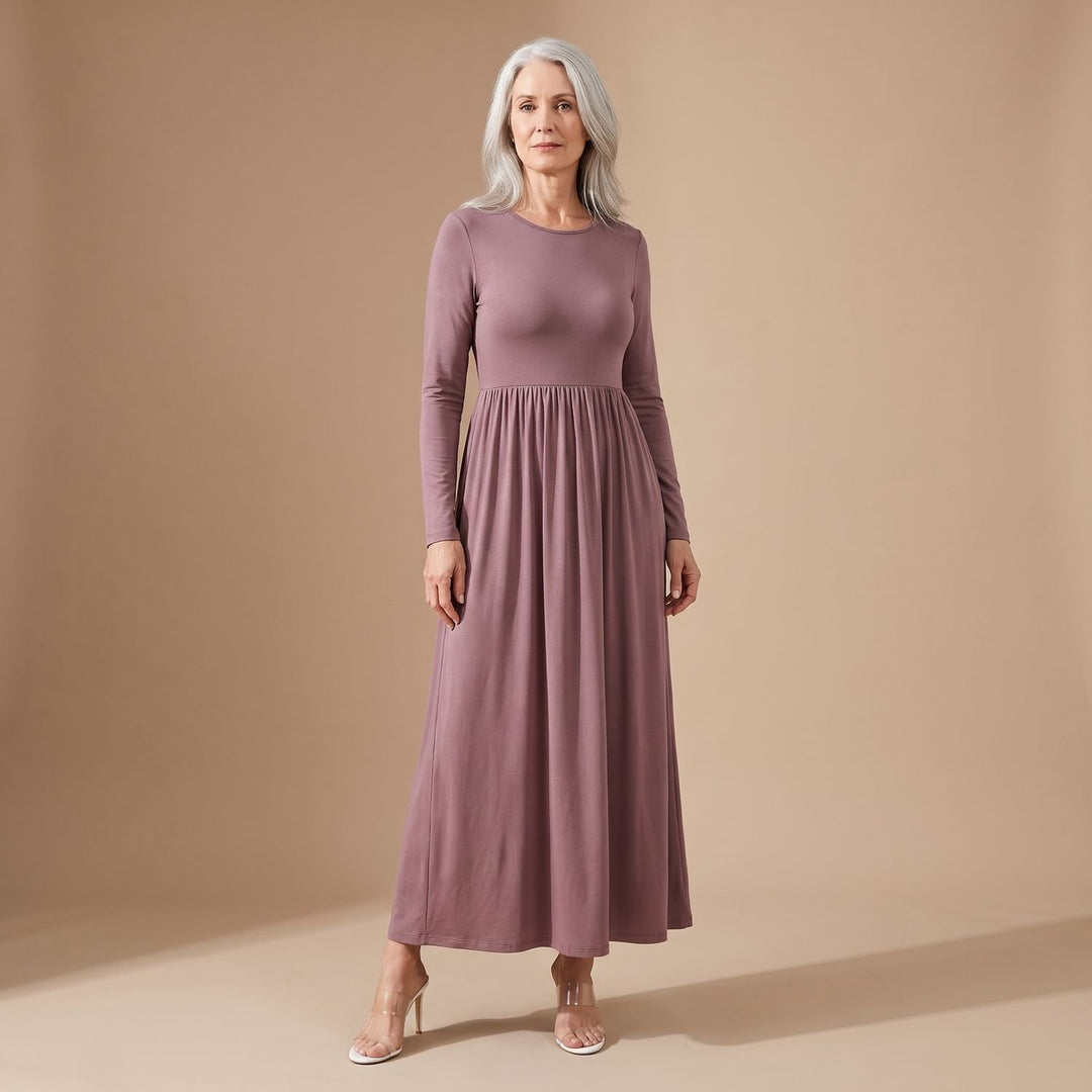 Women's Long Sleeve Gathered Waist Flared Maxi Dress - Mauve