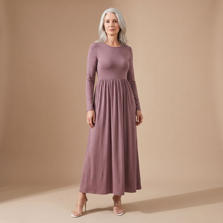 Women's Long Sleeve Gathered Waist Flared Maxi Dress - Mauve