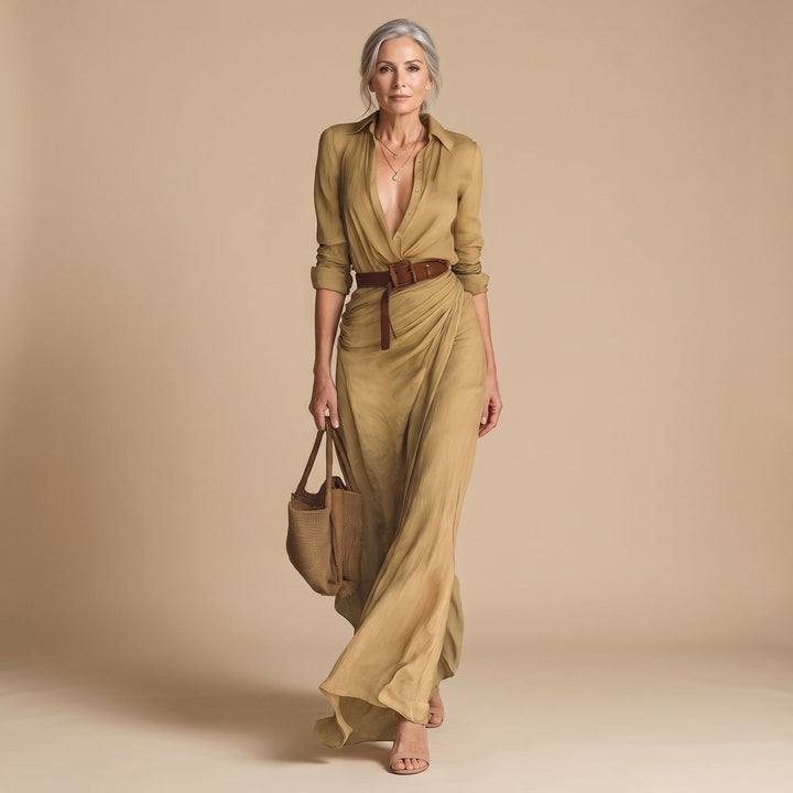 Women's Long Sleeve Maxi Dress Notched Collar Belted Shirt - Khaki