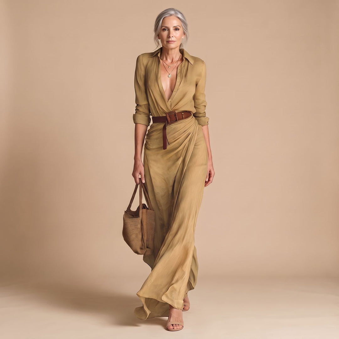 Women's Long Sleeve Maxi Dress Notched Collar Belted Shirt