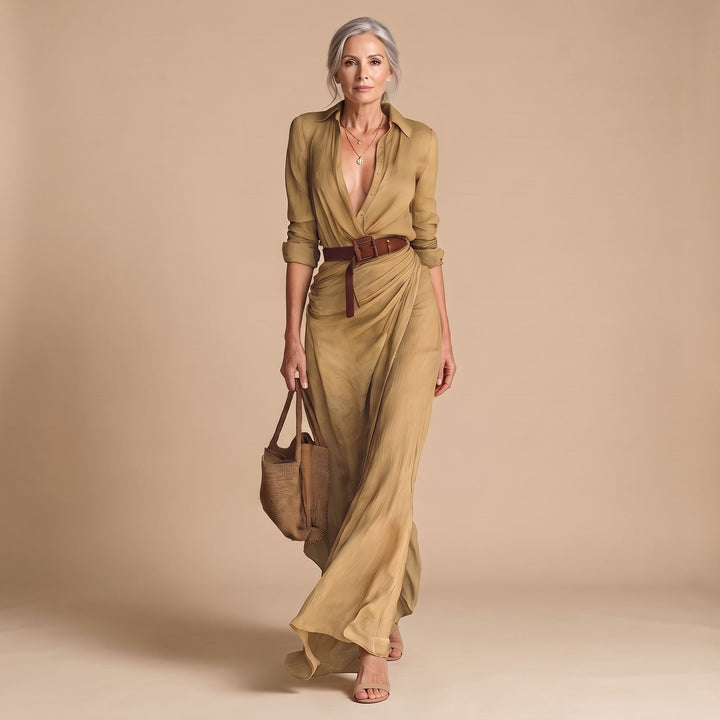 Women's Long Sleeve Maxi Dress Notched Collar Belted Shirt